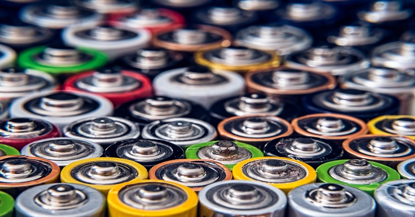 A close-up image of colourful batteries 